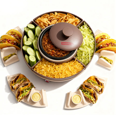 SugarWhisk lazy susan taco bar with rotating toppings for easy serving.