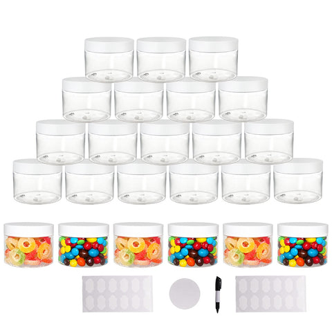 Suituts 24-pack 10oz plastic jars with lids viewed from the side ready for storage.