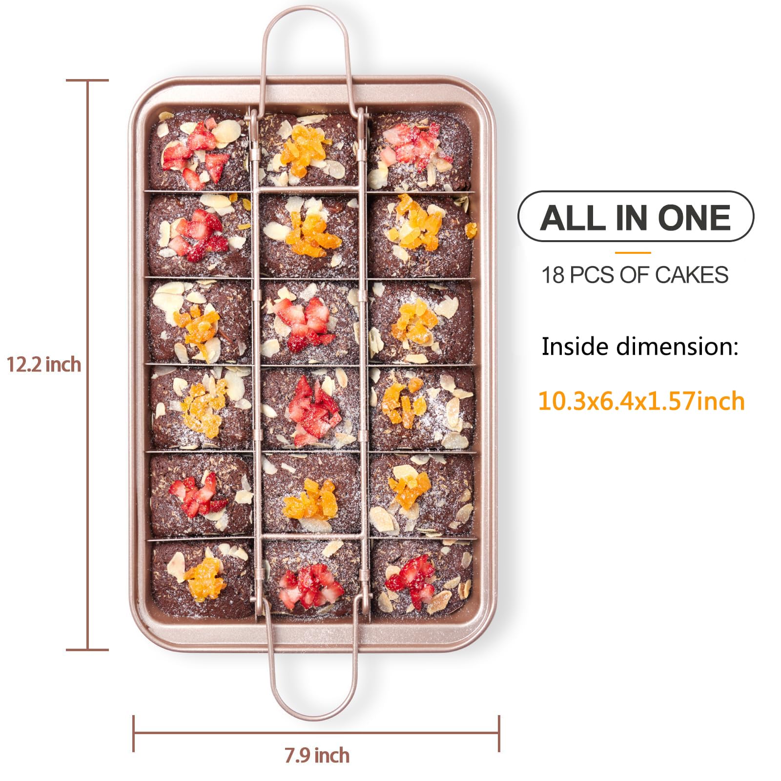 SUJUDE brownie pan displaying 18 uniform brownies with divider removed.