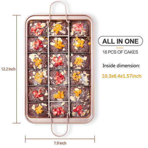 SUJUDE brownie pan displaying 18 uniform brownies with divider removed.