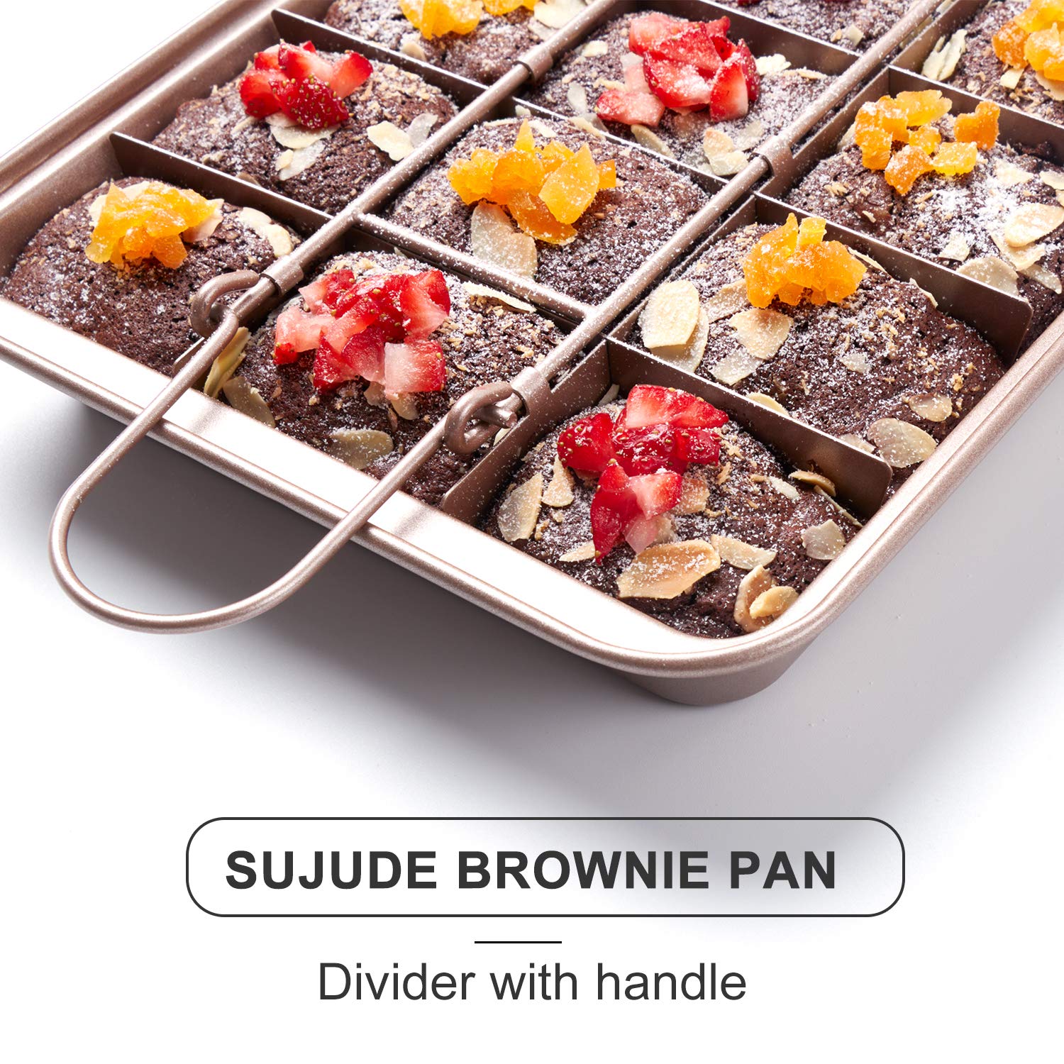 SUJUDE brownie pan with divider in place enabling pre-cut, uniform pieces.