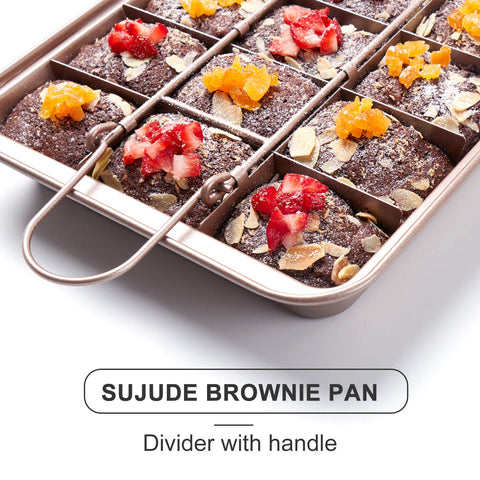 SUJUDE brownie pan with divider in place enabling pre-cut, uniform pieces.