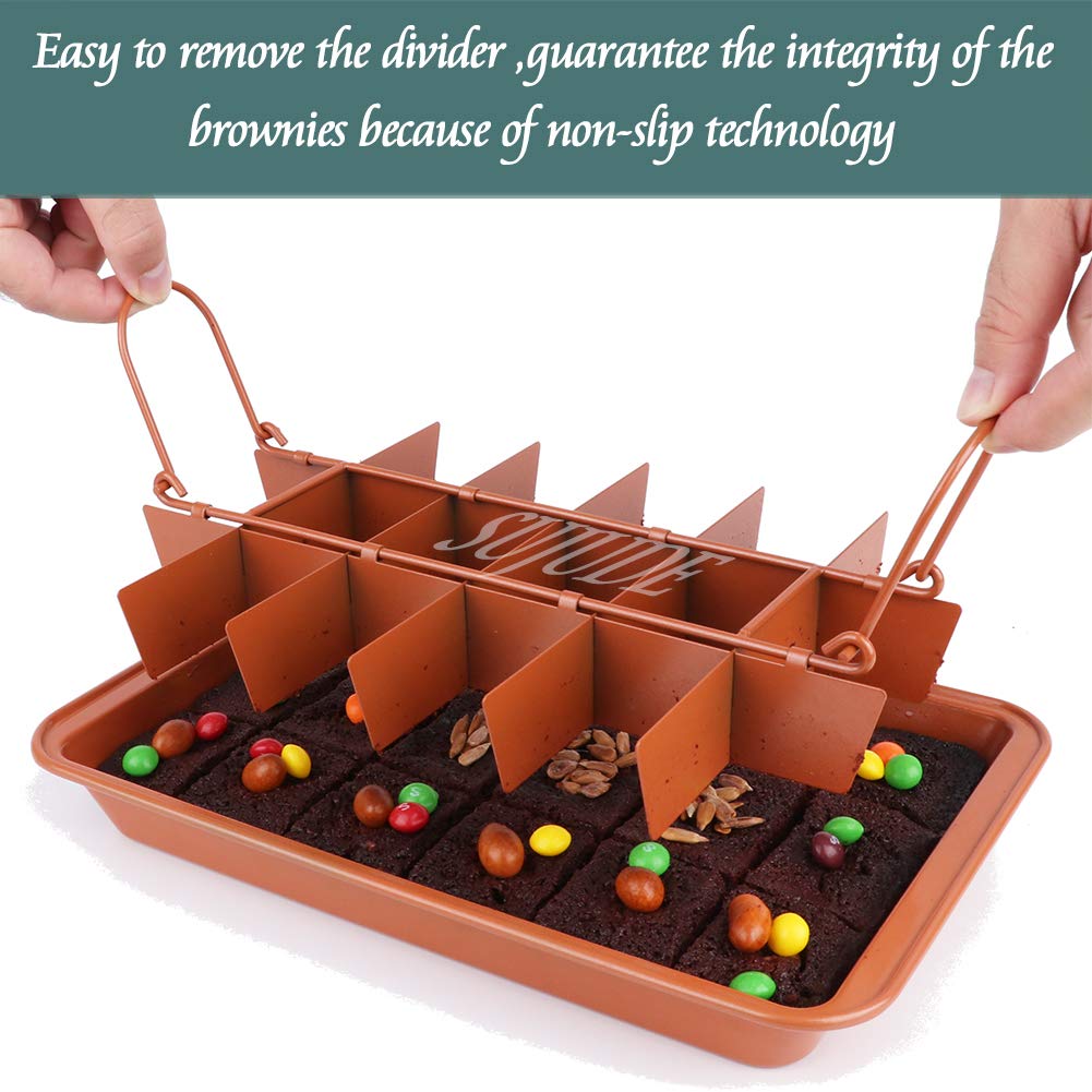 SUJUDE edge-to-edge brownie pan showing uniform browning across pieces