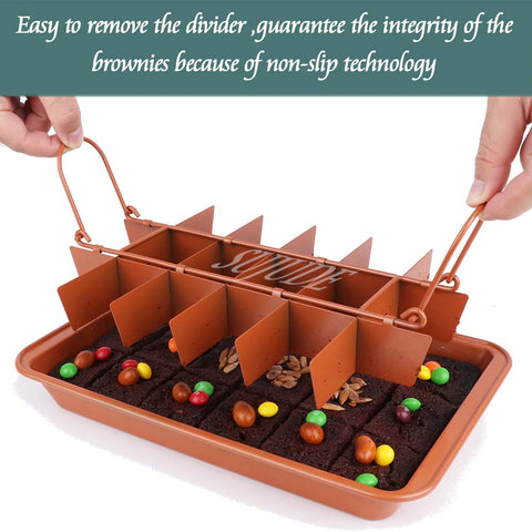 SUJUDE edge-to-edge brownie pan showing uniform browning across pieces