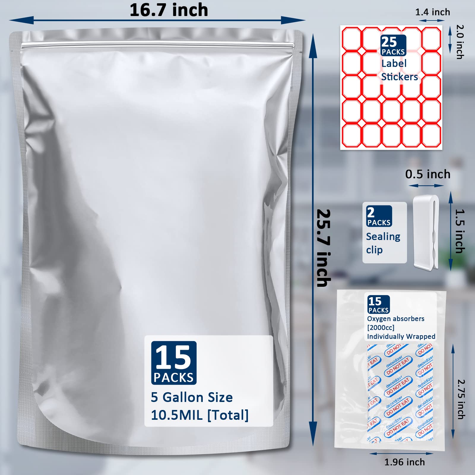 Sukerle 5-gallon mylar stand-up bags for dry goods storage