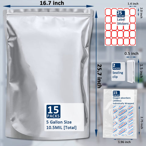 Sukerle 5-gallon mylar stand-up bags for dry goods storage