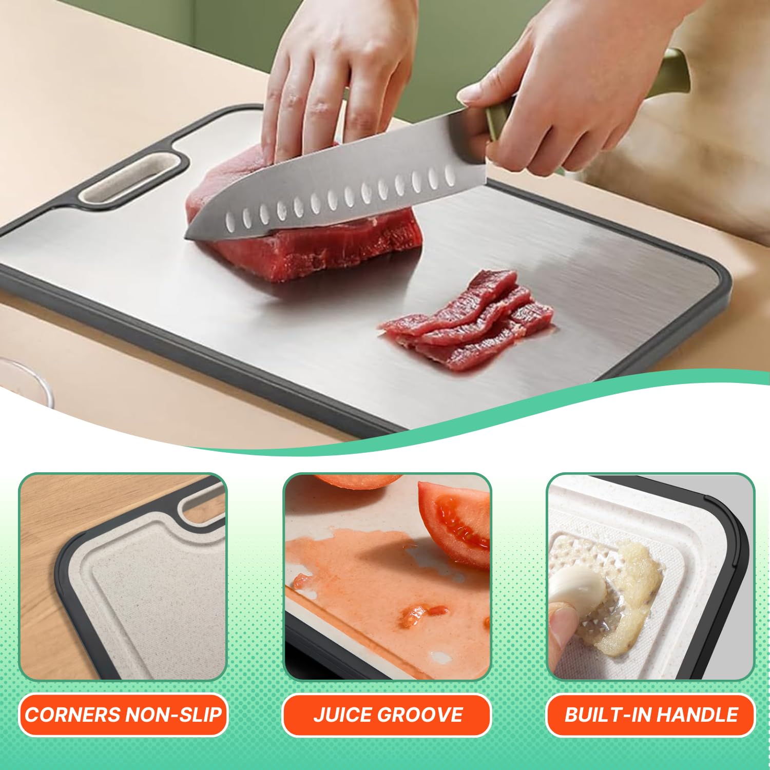 SULANDI titanium cutting board handle design for easy carrying and hanging.
