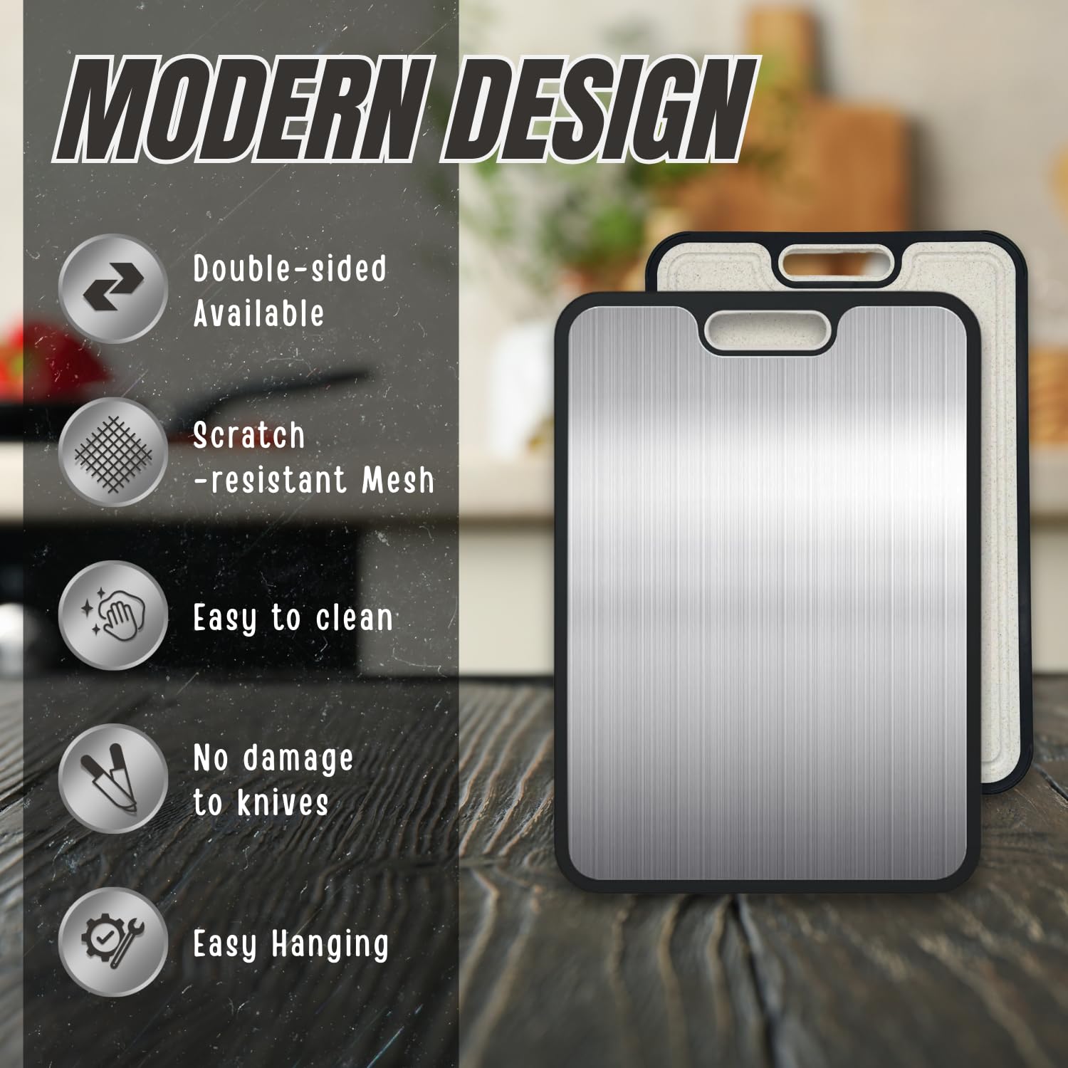 SULANDI titanium cutting board in use with meat and vegetables for meal prep.