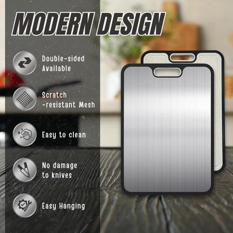 SULANDI titanium cutting board in use with meat and vegetables for meal prep.