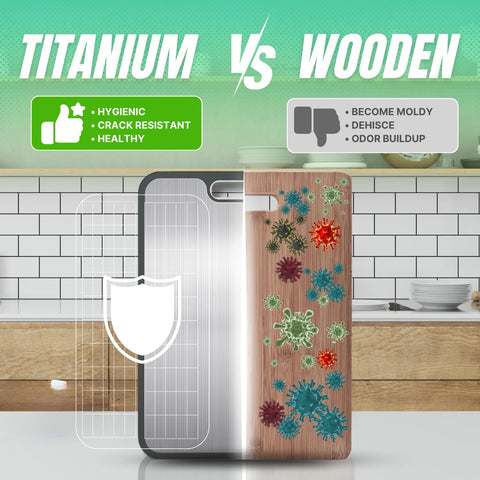 SULANDI titanium cutting-board wheat-straw side detail emphasizes lighter prep surface.