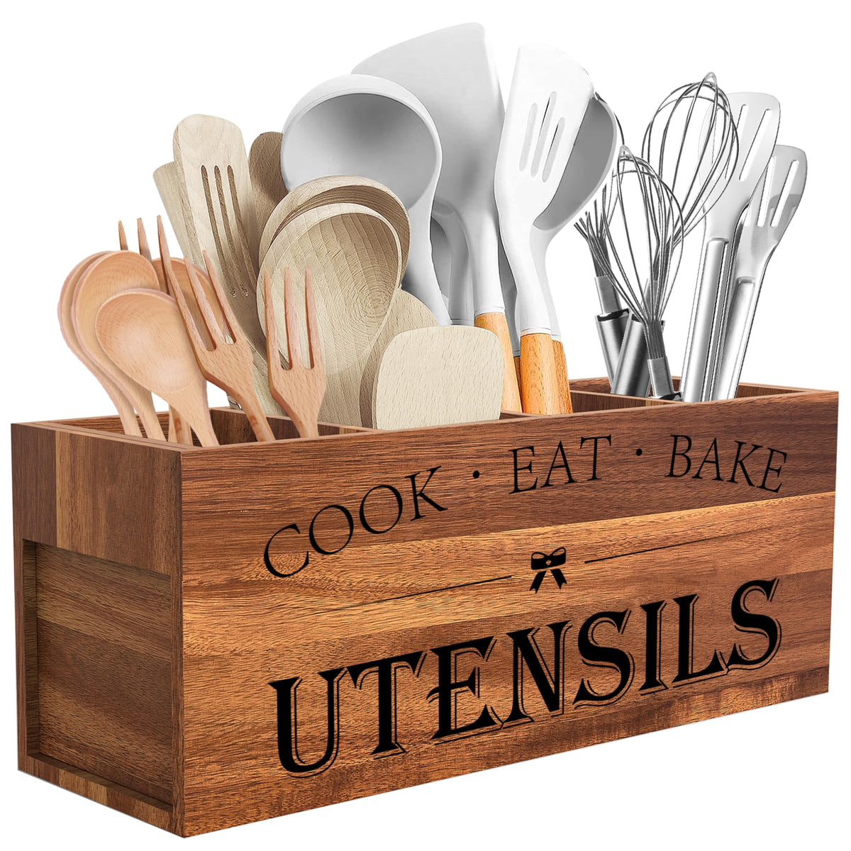 Suli Acacia wood utensil holder with four compartments keeps tools organized.
