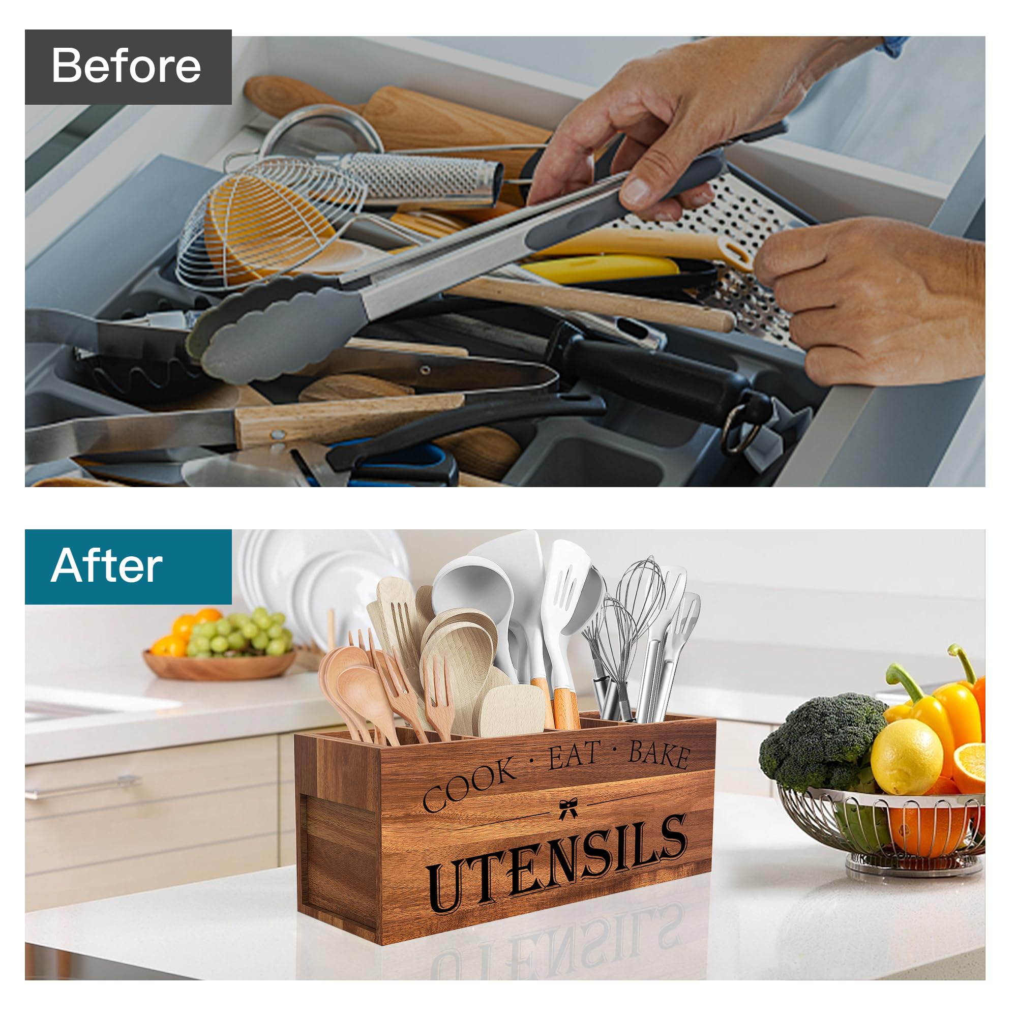 Suli Acacia wood utensil holder on the countertop saves space.