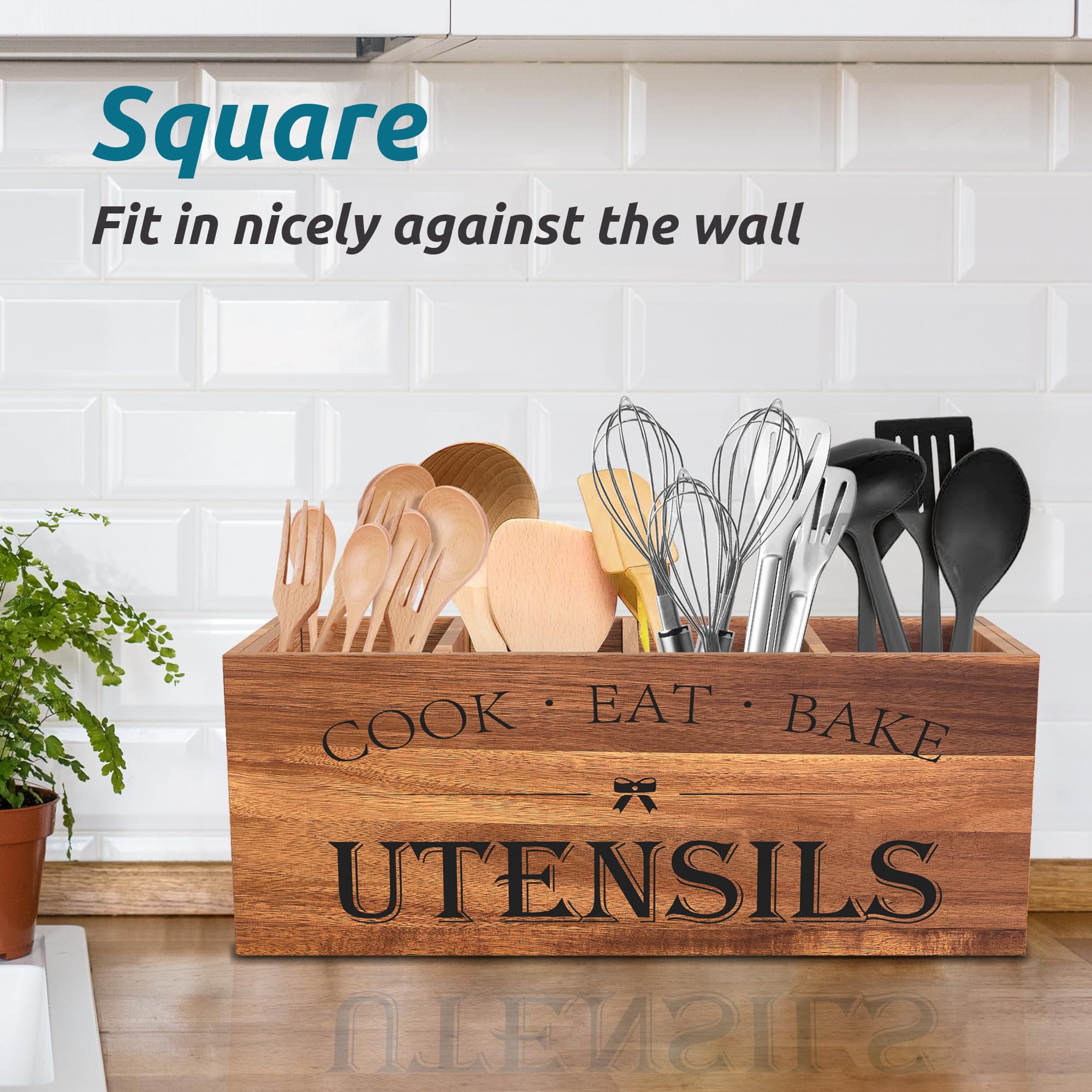 Suli Acacia wood utensil holder stores baking tools and utensils.