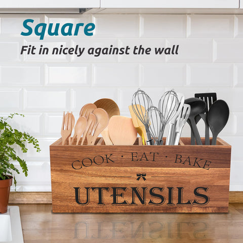 Suli Acacia wood utensil holder stores baking tools and utensils.