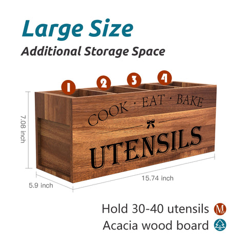 Suli Acacia wood utensil holder with removable divider for easy cleaning.