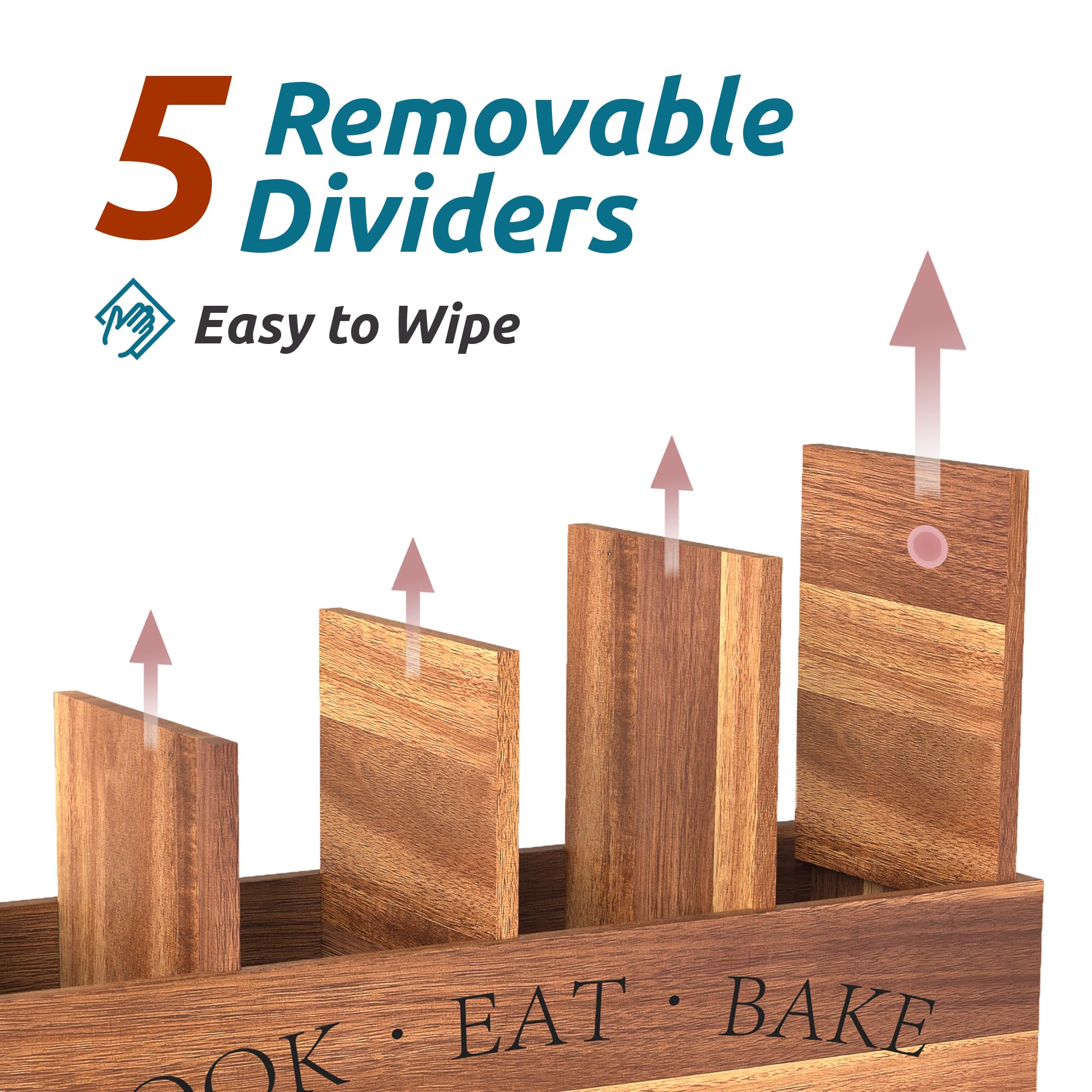 Suli Acacia wood utensil holder's compact profile fits against the wall.