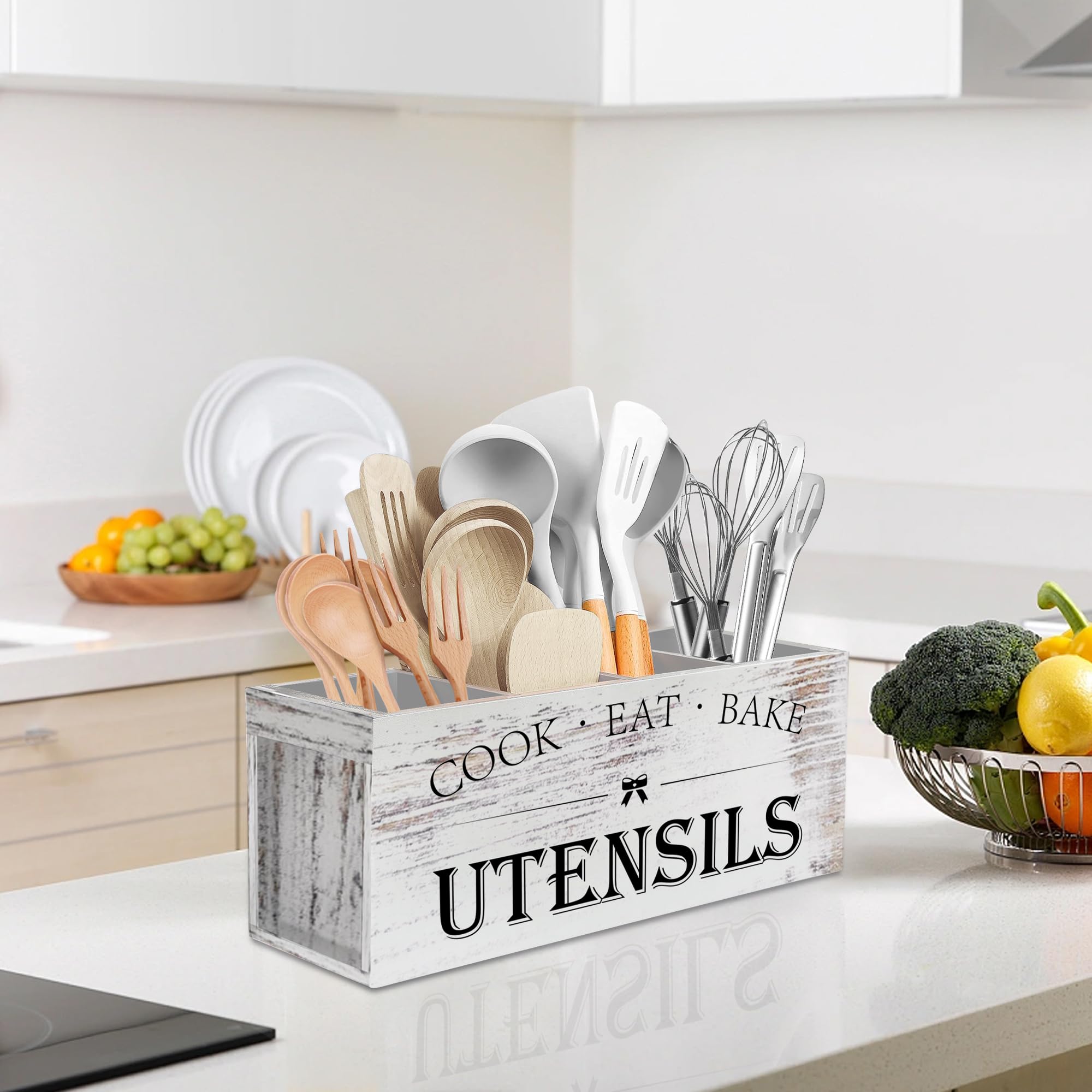 Suli white grain utensil holder keeps oils, knives, and forks handy.