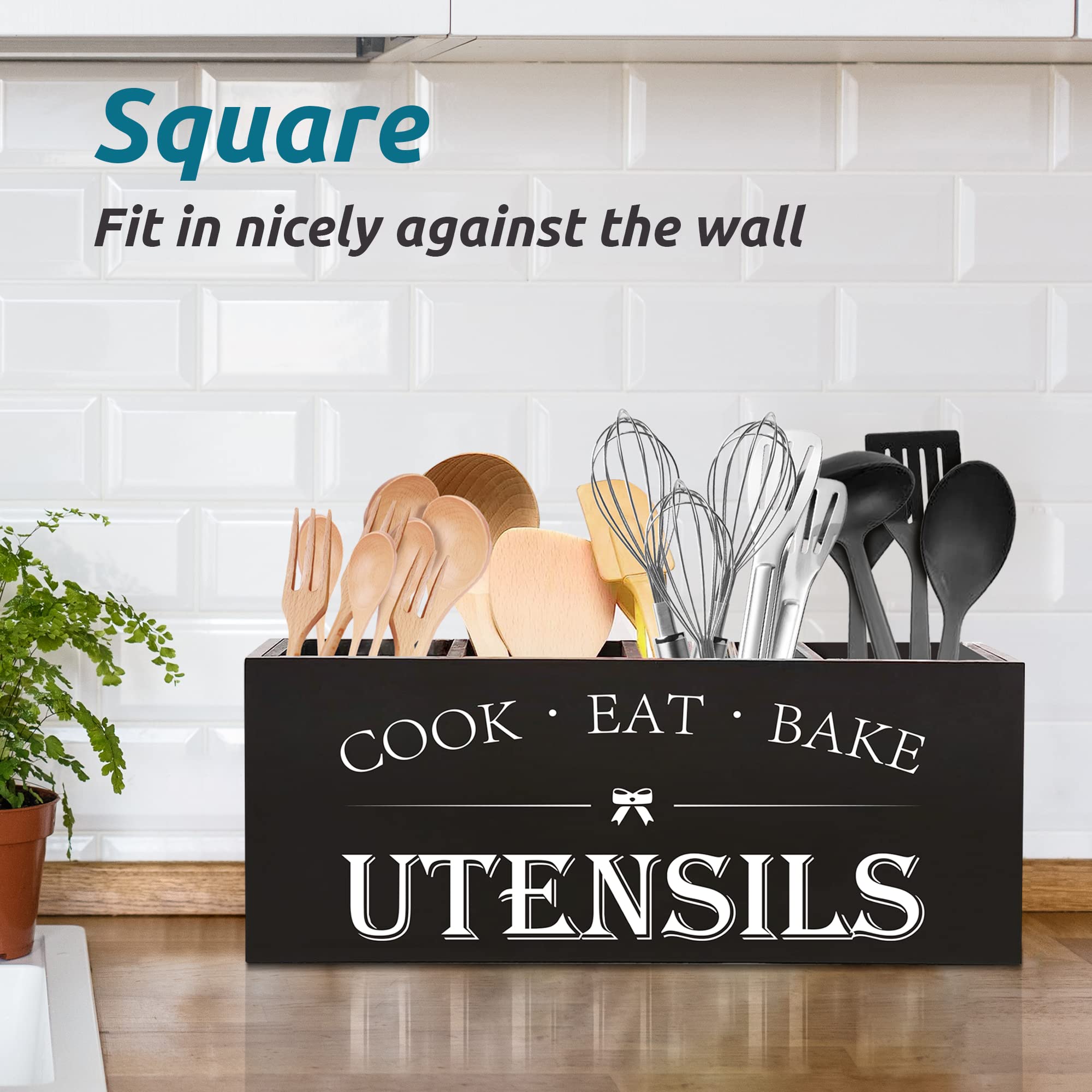 Suli black-finished wooden utensil holder displayed on a countertop