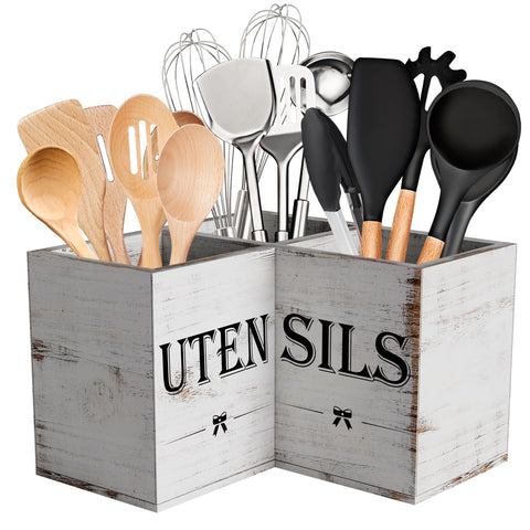 Suli extra-large wooden utensil holder with three compartments on the counter