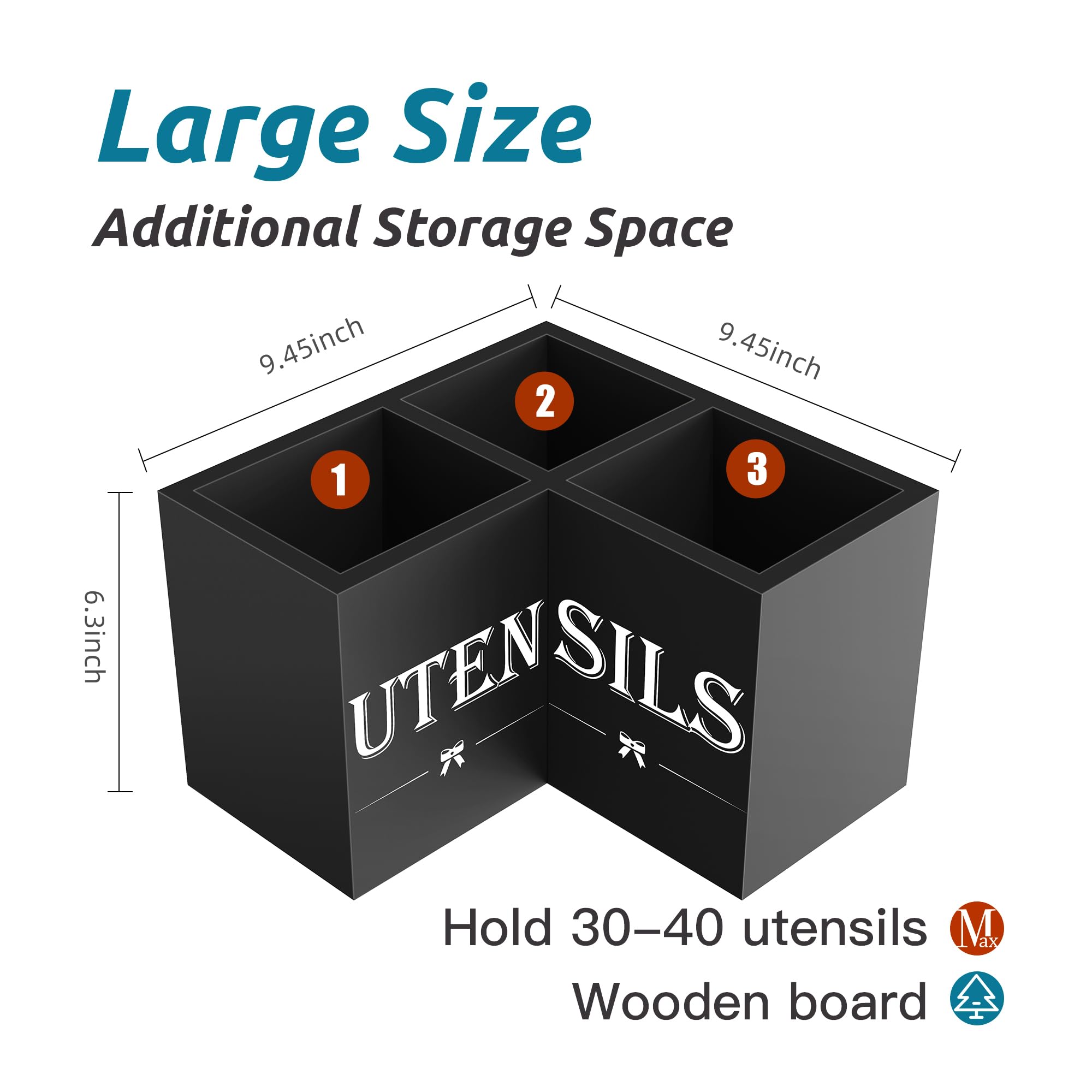 Suli extra large wooden utensil organizer with three compartments.
