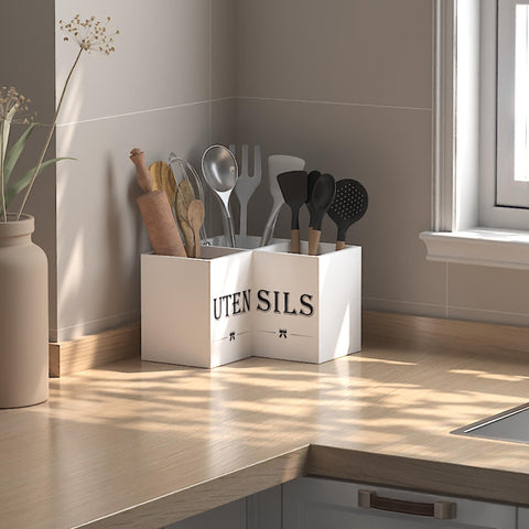 Suli kitchen counter caddy blends rustic style with practical organization.