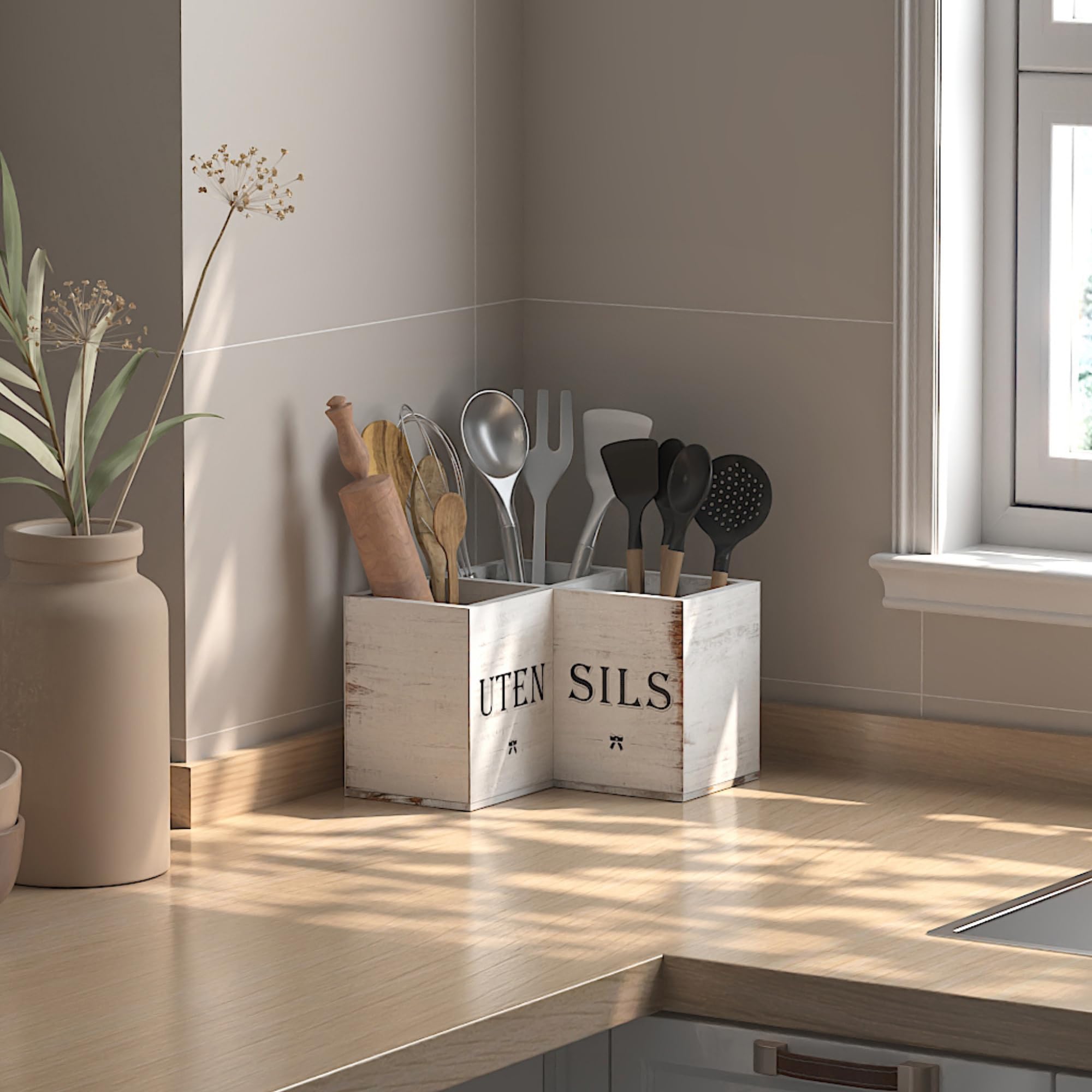 Suli rustic wood grain finish evokes a cozy country kitchen vibe