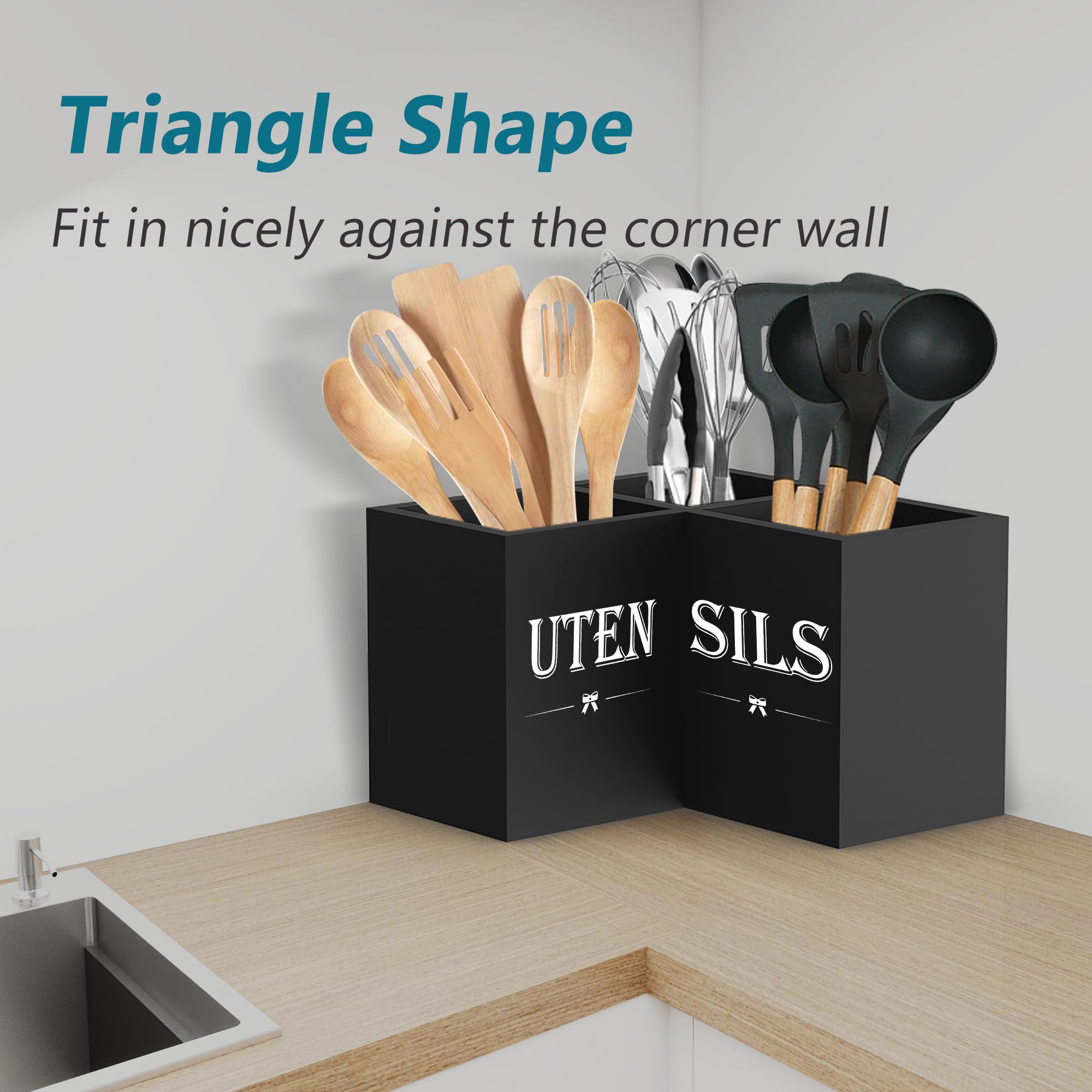 Rustic farmhouse wood utensil holder adds warmth to the countertop.