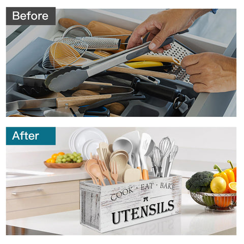 Suli white grain finish adds rustic decor while keeping tools tidy.