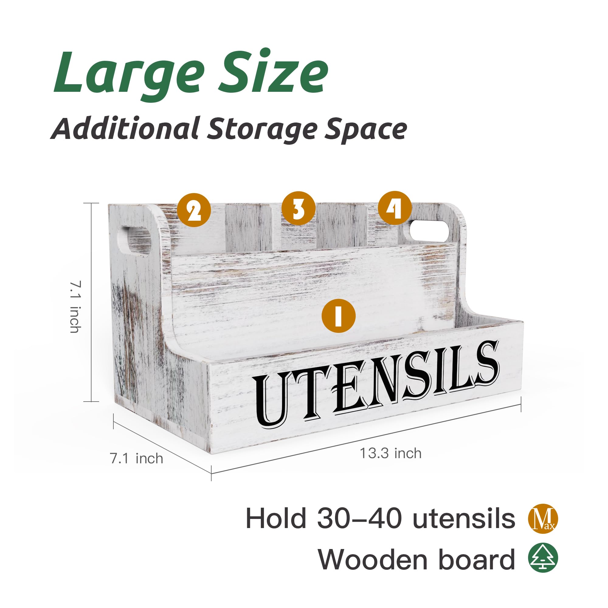 Suli white wood utensil organizer on the countertop adds modern farmhouse charm.