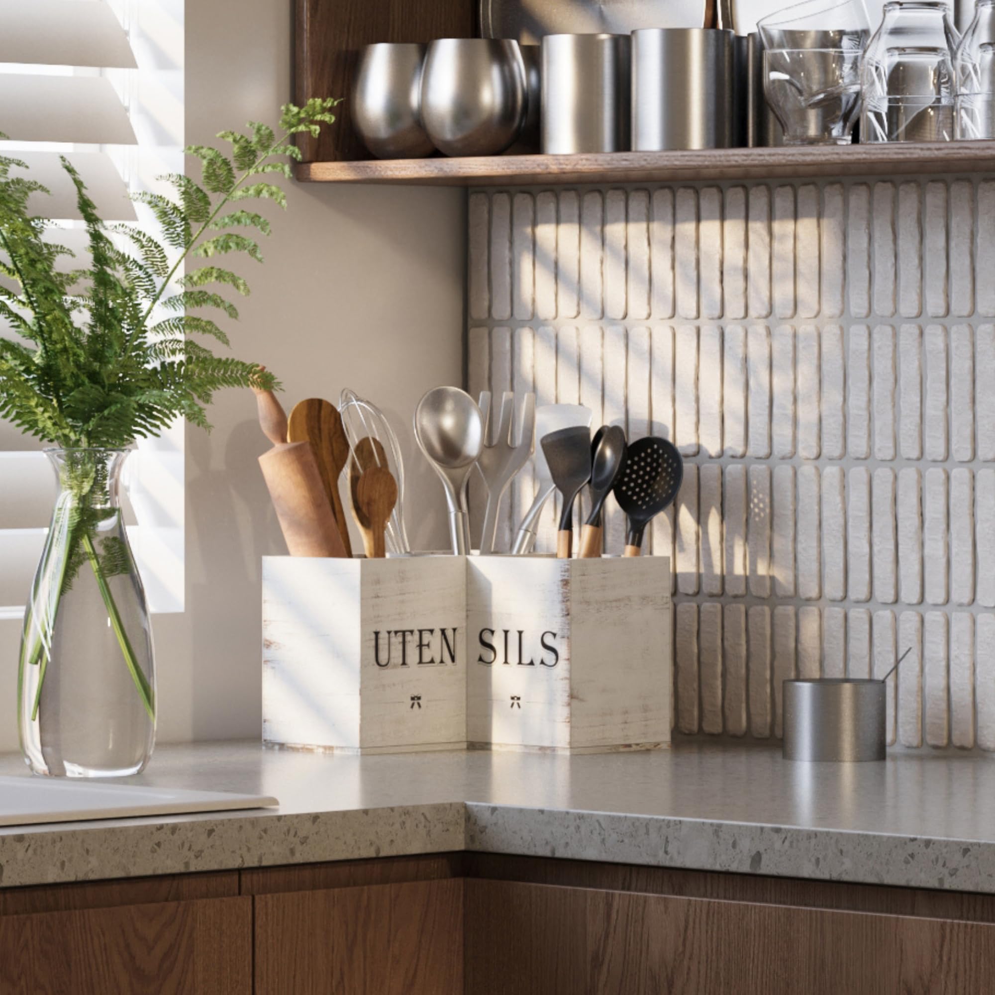 Suli wooden utensil holder in white grain adds rustic charm to kitchens
