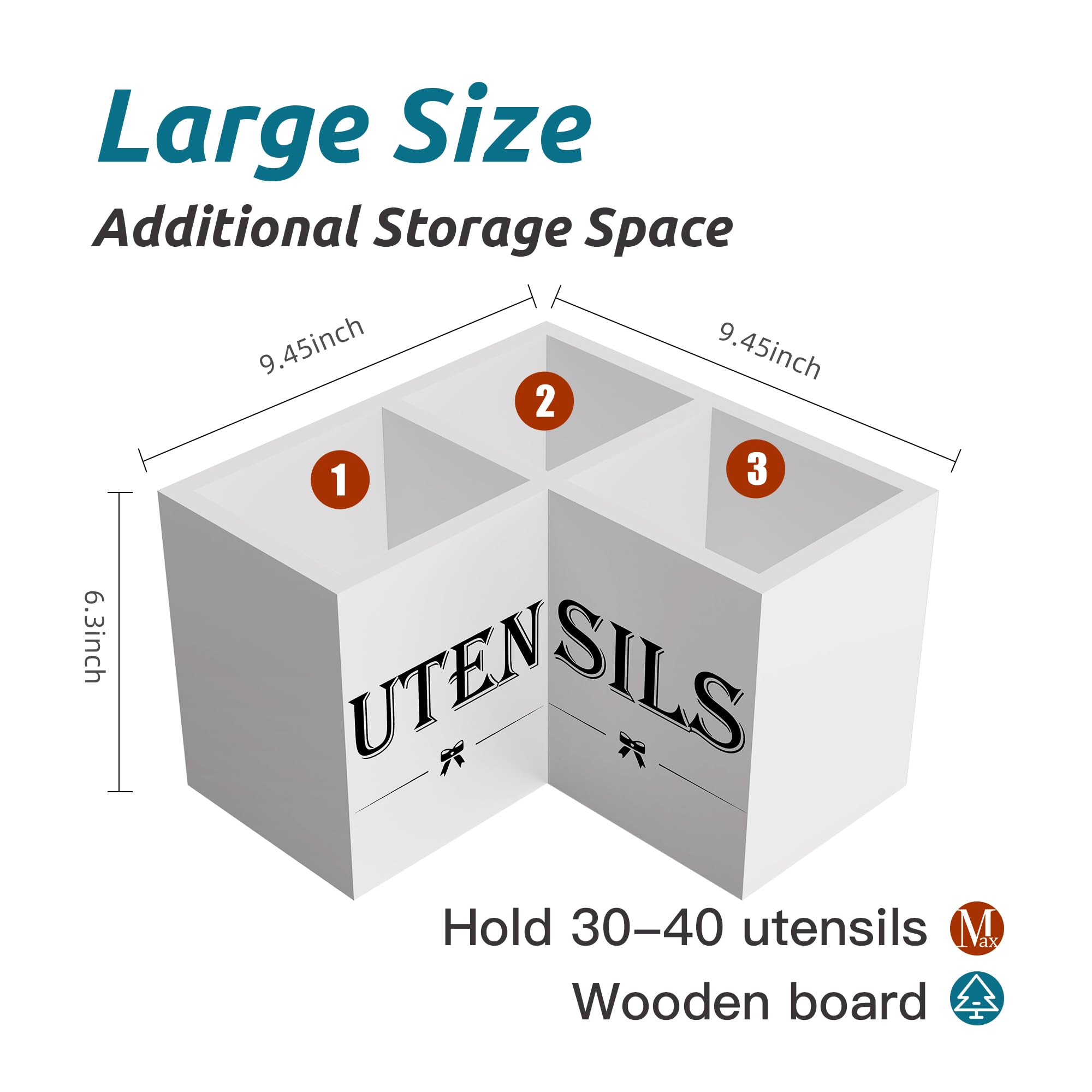 Suli wooden utensil organizer with three compartments keeps tools neatly separated.