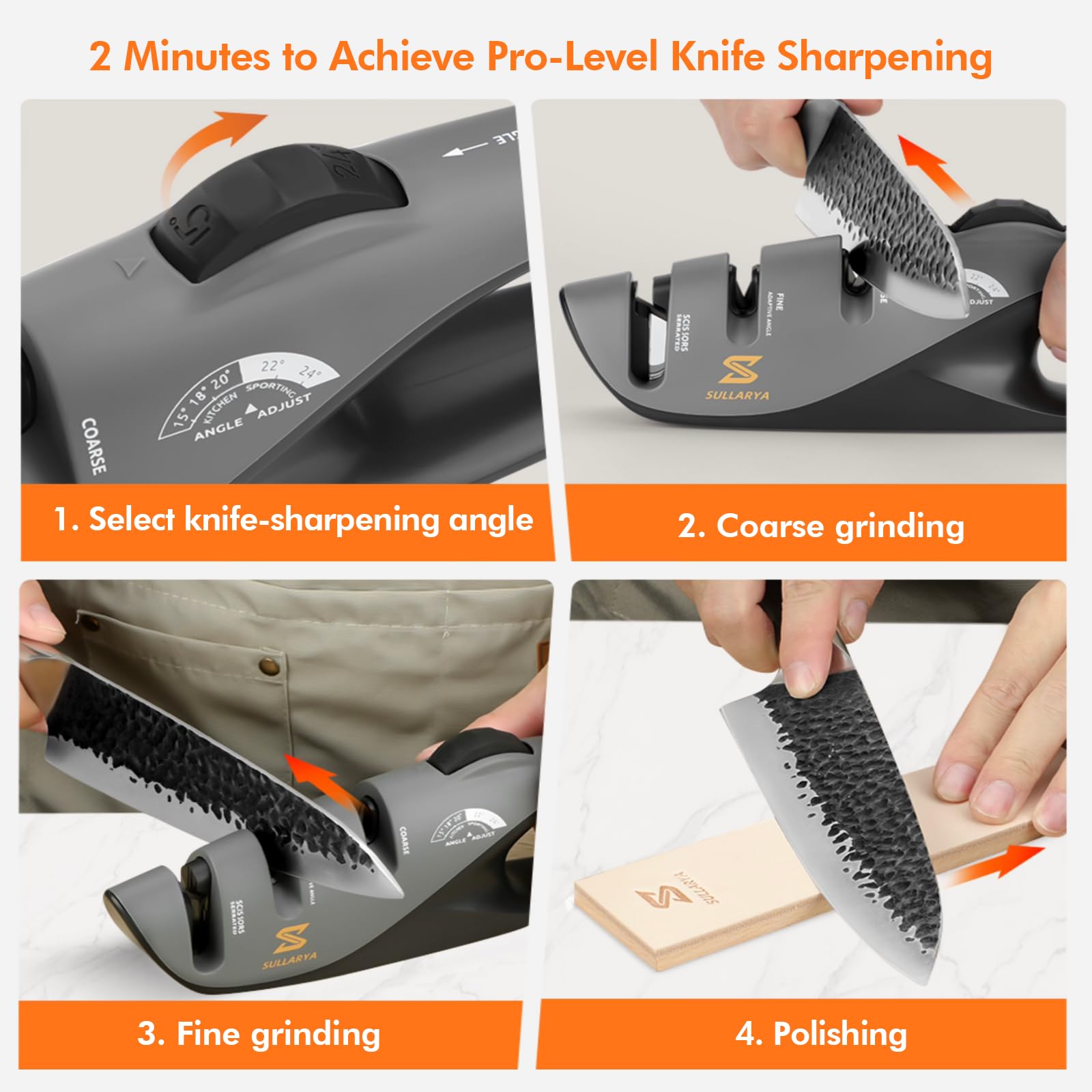Sullarya knife sharpener with 20-degree angle for quick kitchen edge refresh.