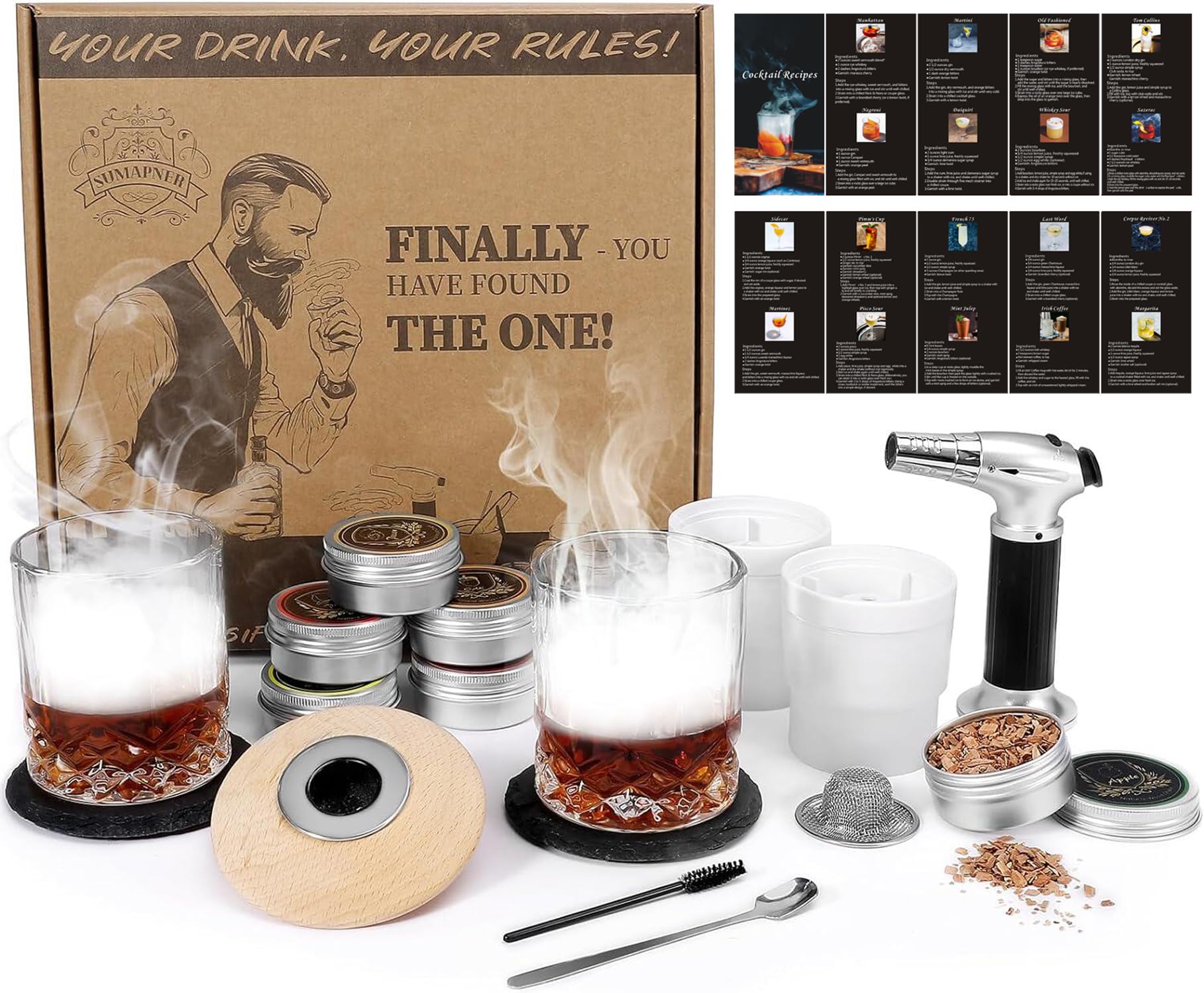 Sumapner whiskey smoker kit with torch enhances cocktails with aroma.