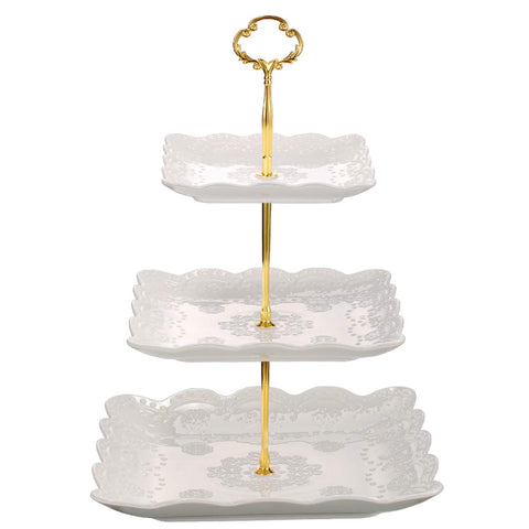 Sumerflos 3-tier porcelain cupcake stand during assembly with sturdy joints and elegant design for parties.