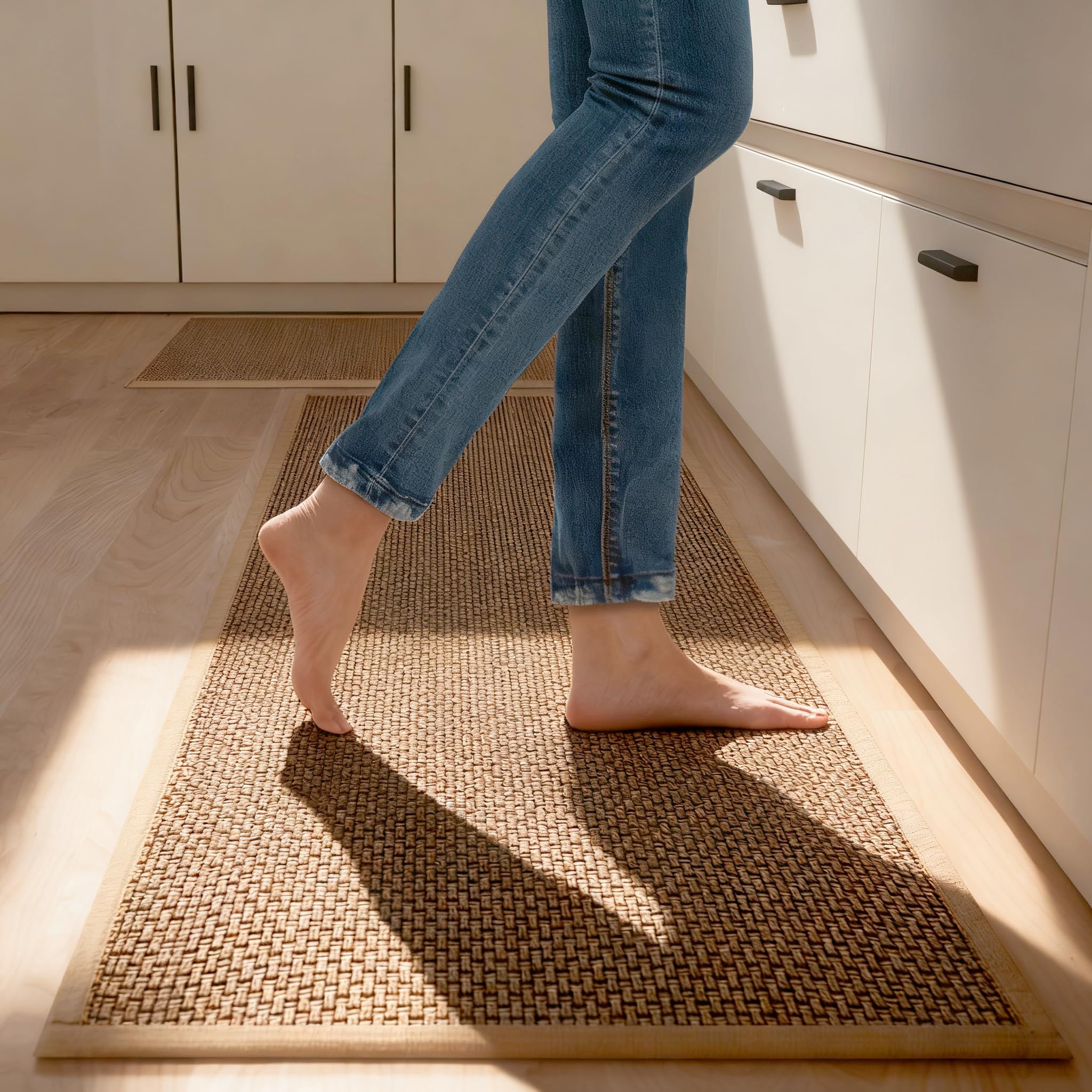 SUMLANS kitchen mat 2pc brown backside closeup; non-slip rubber grip protects floors.