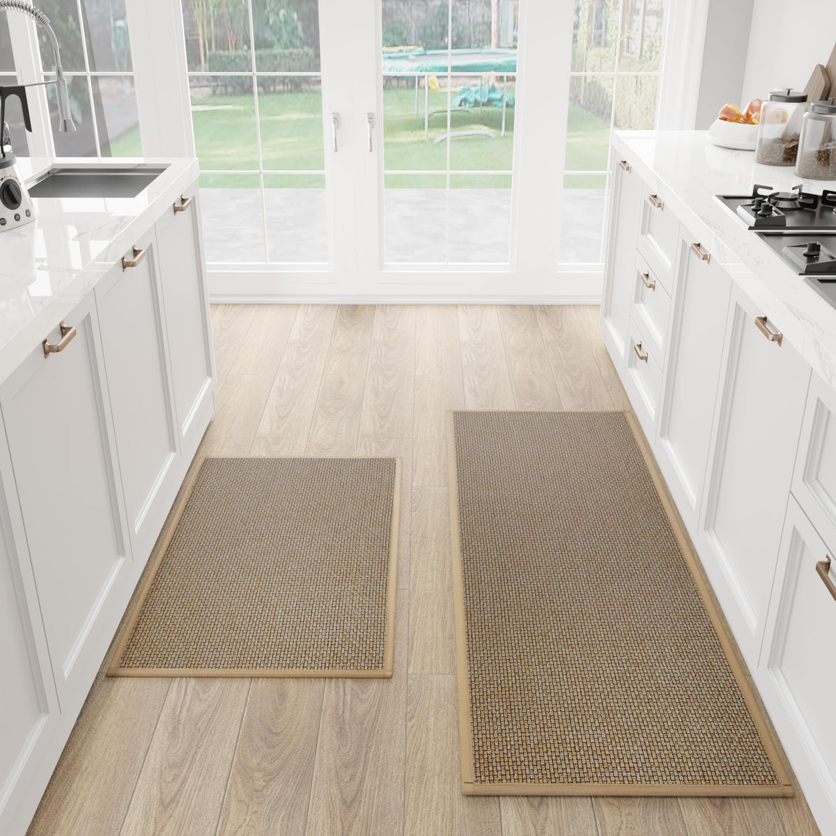SUMLANS kitchen mat 2pc brown top view; cushioned comfort for standing in the kitchen.