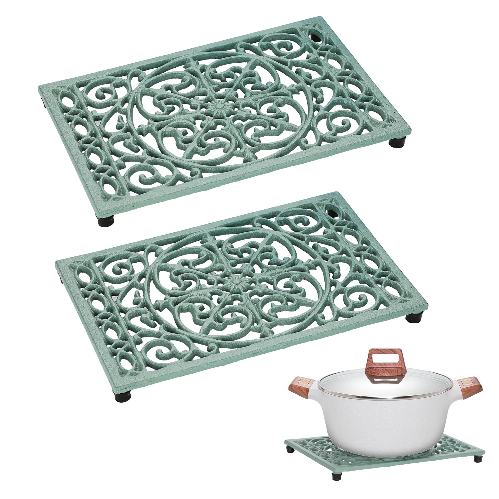 Sumnacon green rectangular cast iron trivet protects counters from hot dishes.