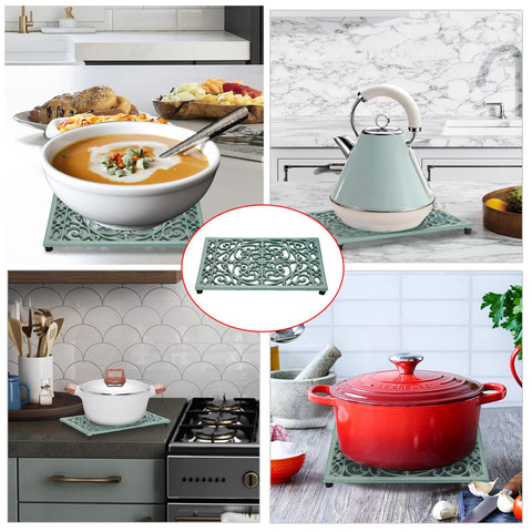 Sumnacon cast iron trivet withstands heat without melting or discoloring.