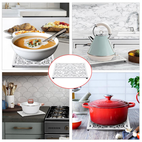Sumnacon decorative white cast iron trivet complements kitchen decor.