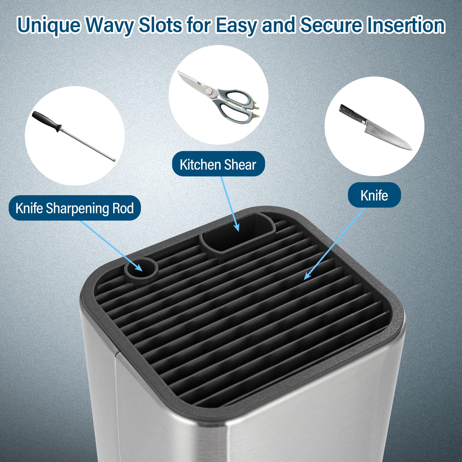 Sumteene knife block shows sharpening rod slot for easy edge maintenance.