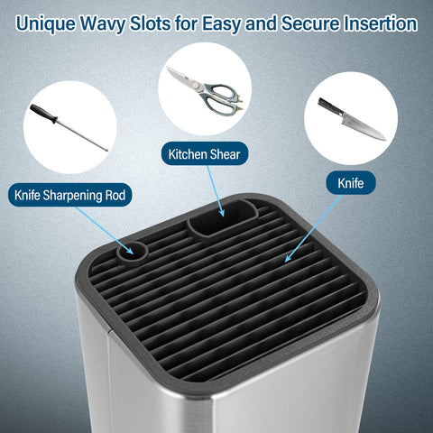 Sumteene knife block shows sharpening rod slot for easy edge maintenance.