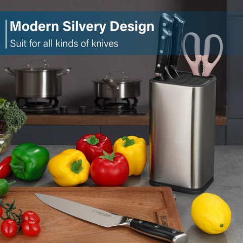 Sumteene knife block features bottom water drain to minimize moisture.