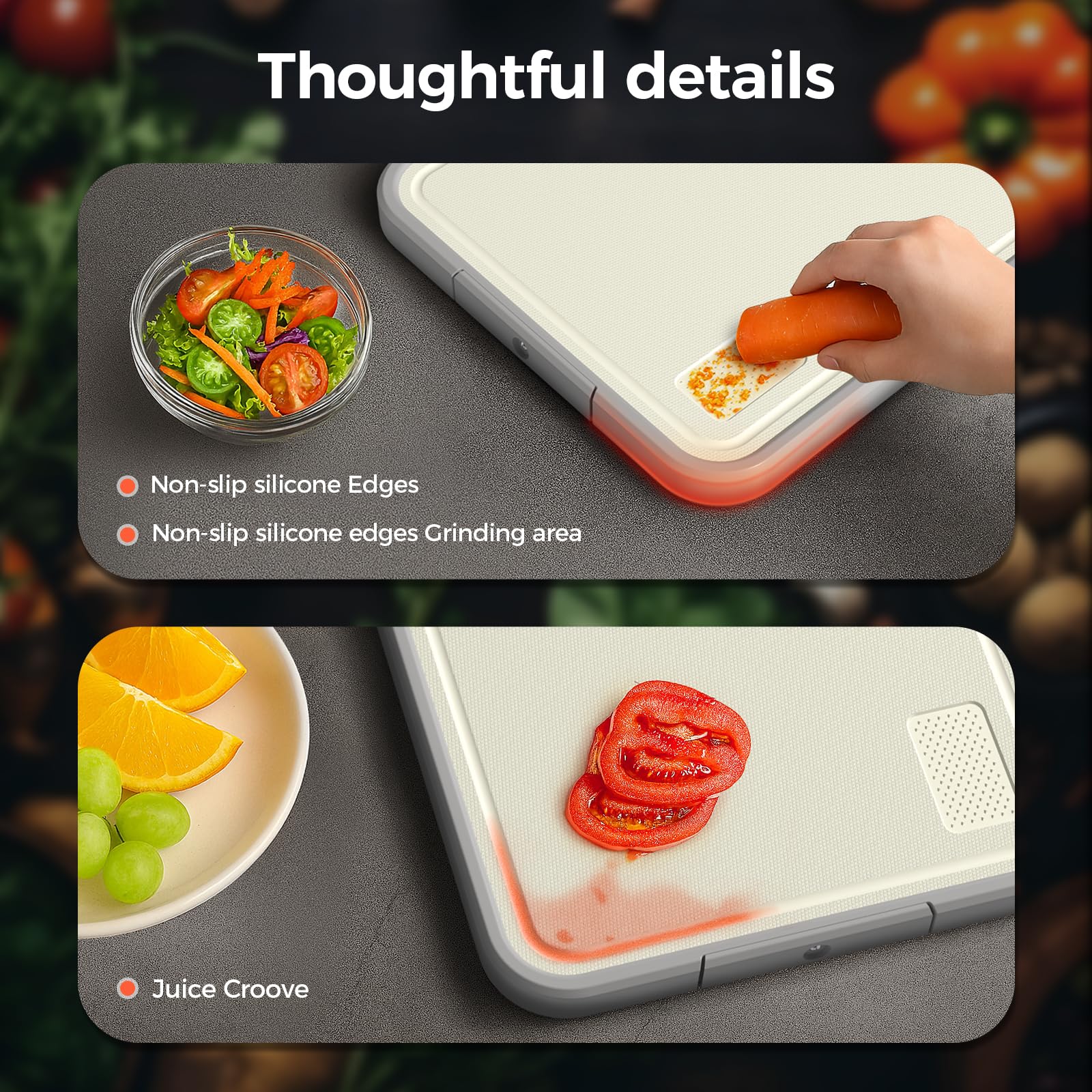 Sumzzz non-slip base keeps the board steady during chopping.