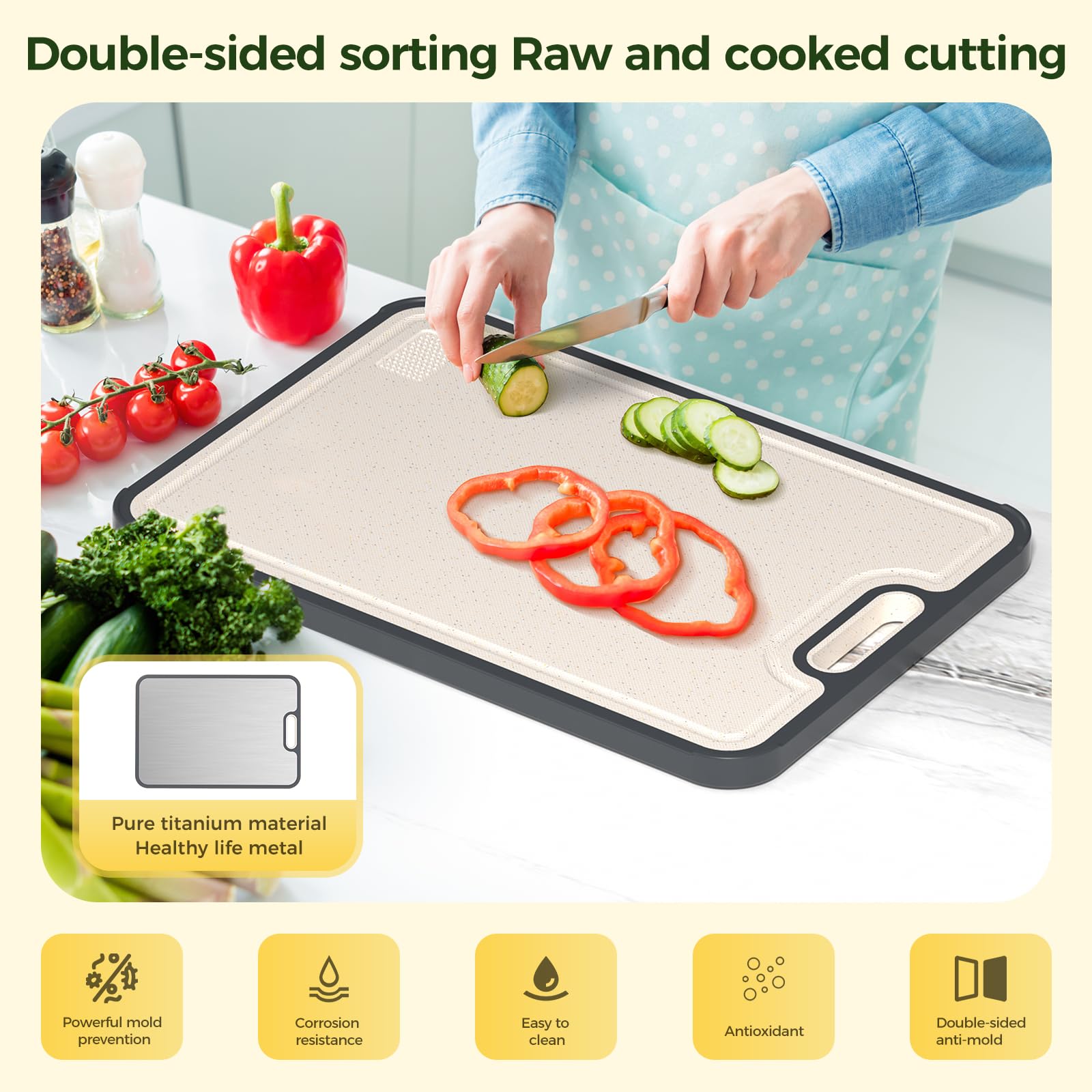 Sumzzz titanium meat side offers a solid cutting plane with minimal cross-residue.