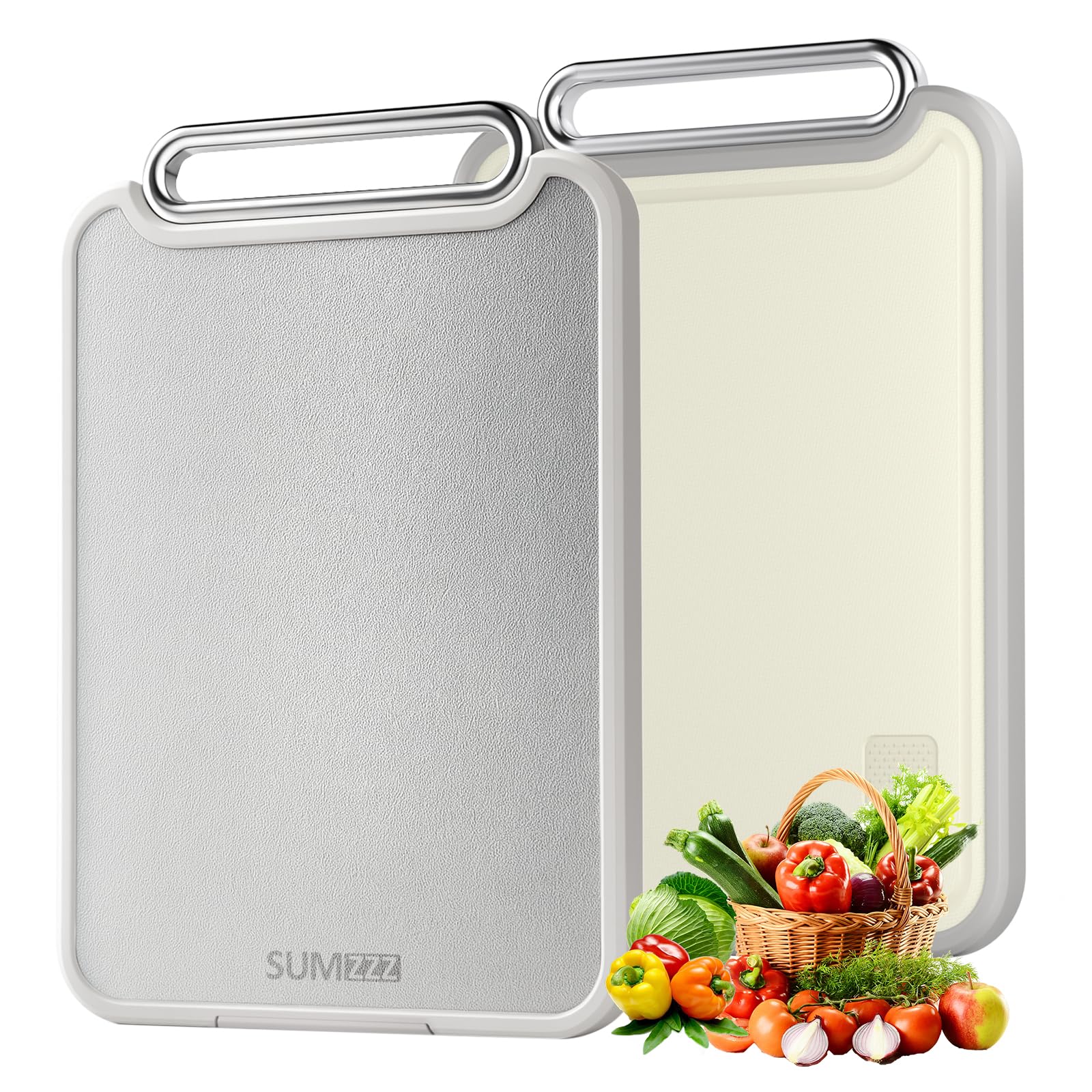 Sumzzz stainless steel cutting board top view, durable surface for fruits and ready-to-eat foods.
