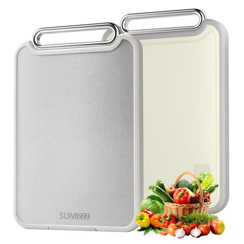 Sumzzz stainless steel cutting board top view, durable surface for fruits and ready-to-eat foods.