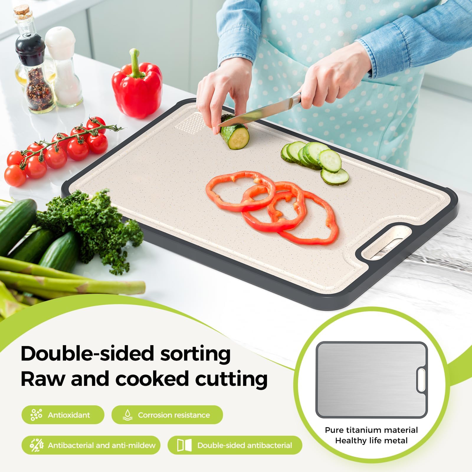 Sumzzz titanium cutting board double-sided for separate prep tasks.