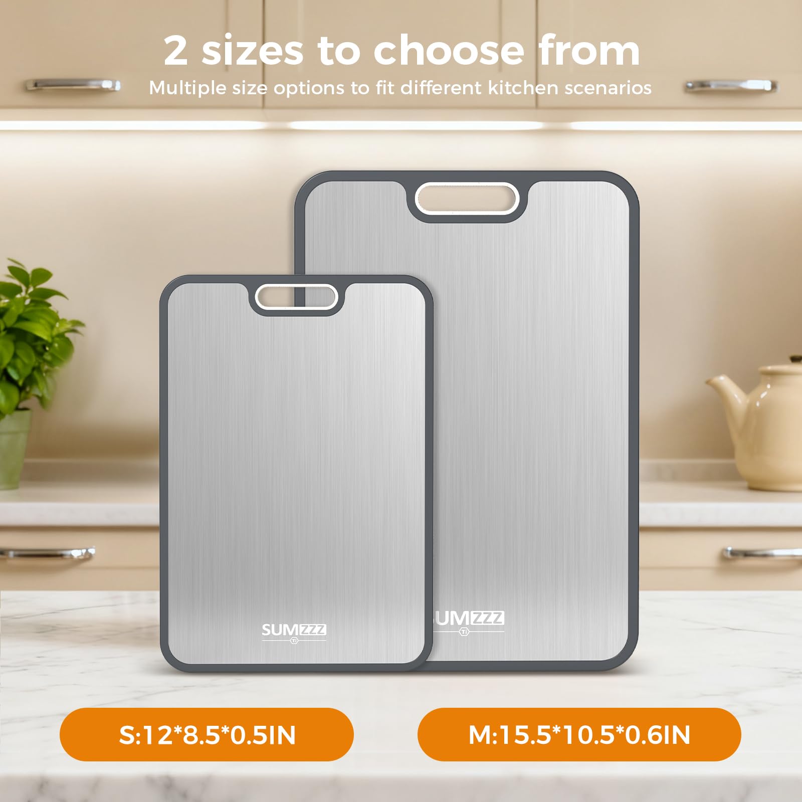 Sumzzz titanium cutting board easy-clean surfaces rinse quickly after use.