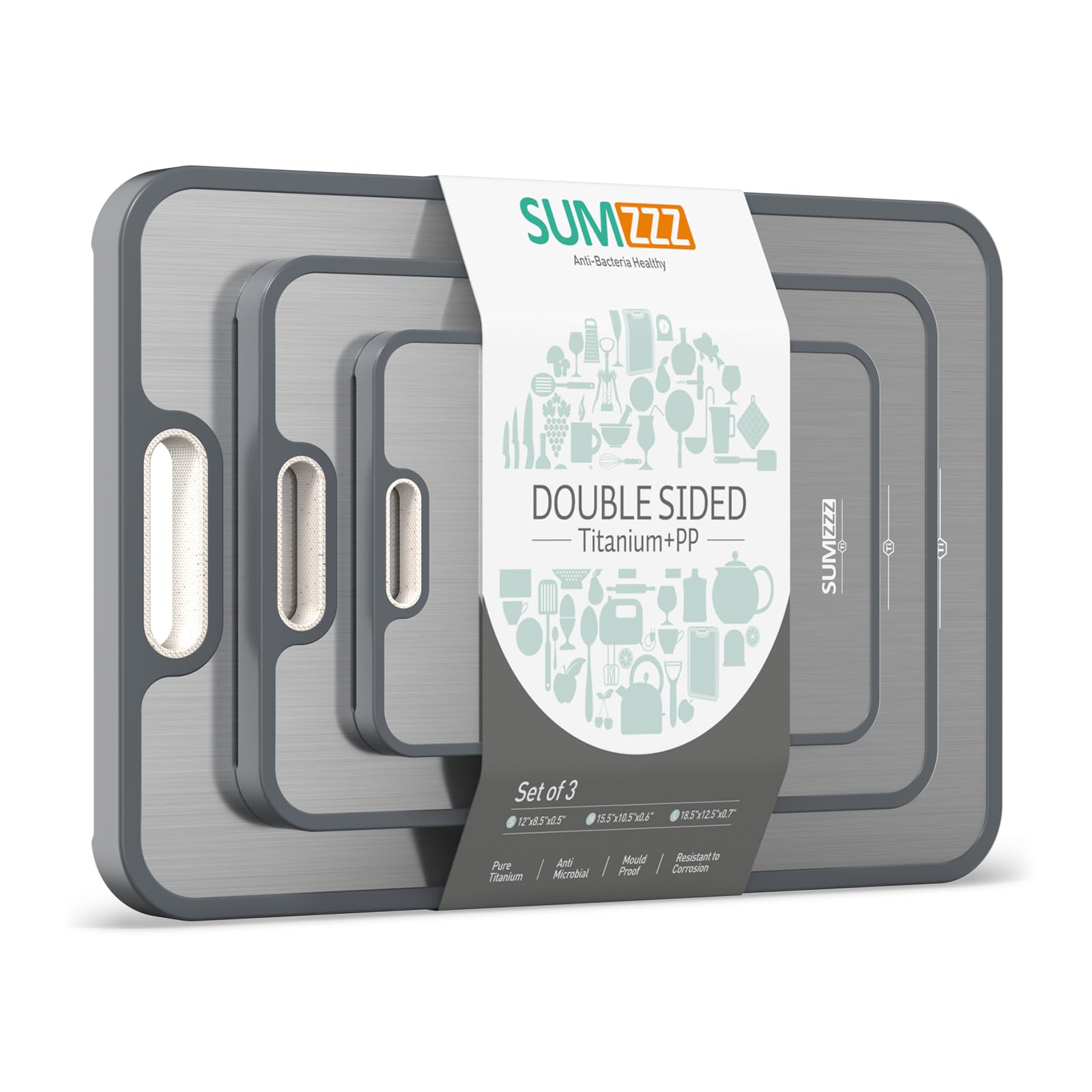 Sumzzz titanium cutting board top view with dual surfaces for raw and cooked foods.