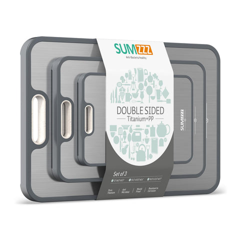Sumzzz titanium cutting board top view with dual surfaces for raw and cooked foods.